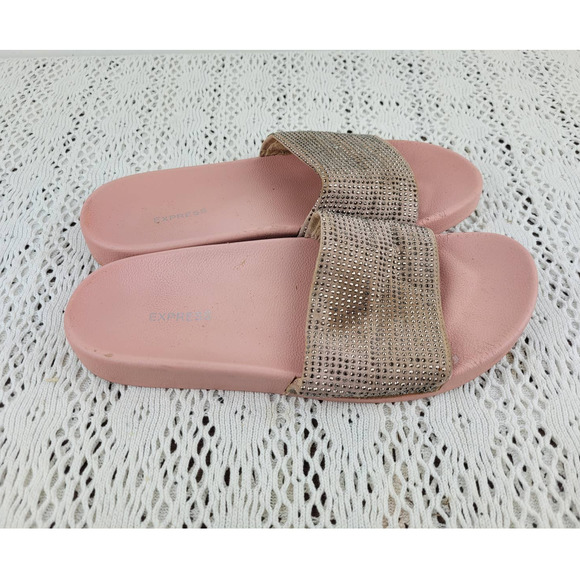 Express Pink Faux Diamond Studded Slides Sandals Flip Flops Women's 7.5 or 8 - Picture 2 of 9